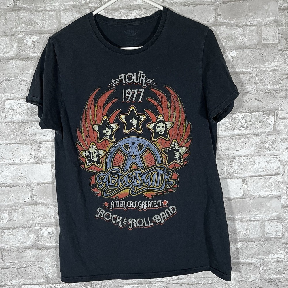 Aerosmith Tour 1977 Graphic T-Shirt Mens Large Black Rock Band Tee Medium